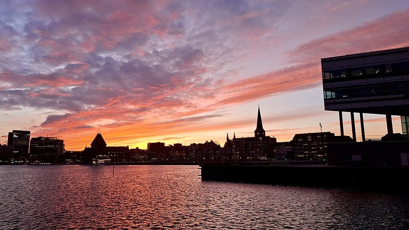 Aarhus waterfront skyline at sunset, Denmark.