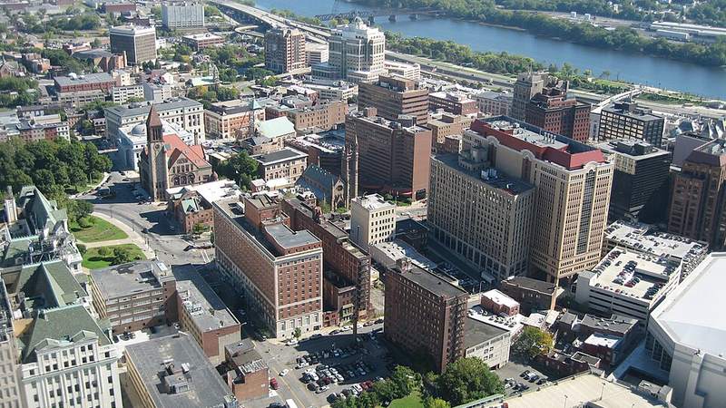 Downtown Albany and the Hudson River viewed from above, New York.