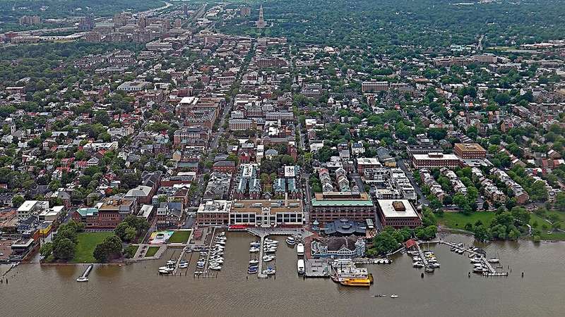 Aerial view of Old Town Alexandria and its Potomac River waterfront