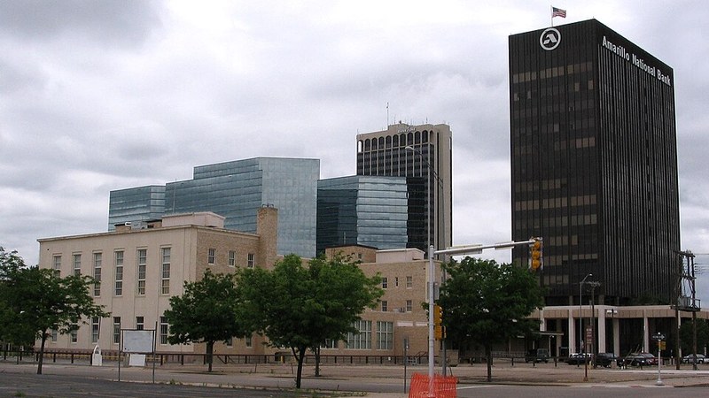 Downtown Amarillo, Texas, streetscape and office towers.