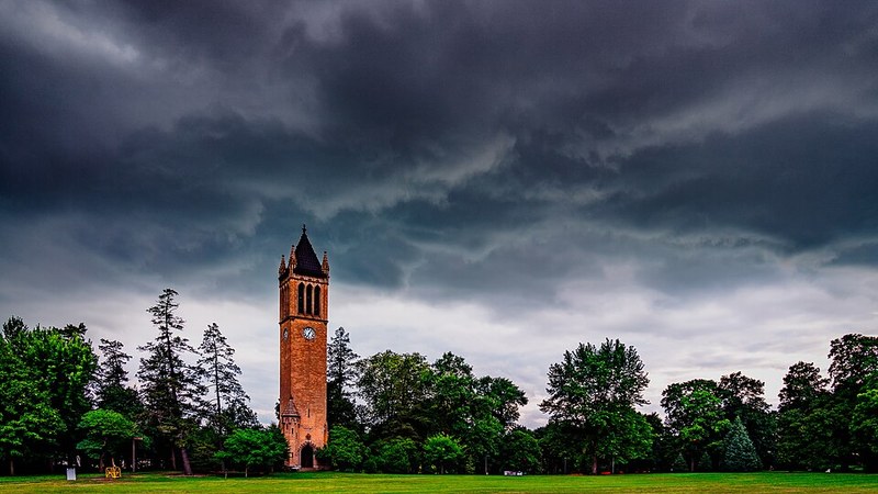 The Iowa State University campanile and campus lawn in Ames, Iowa.