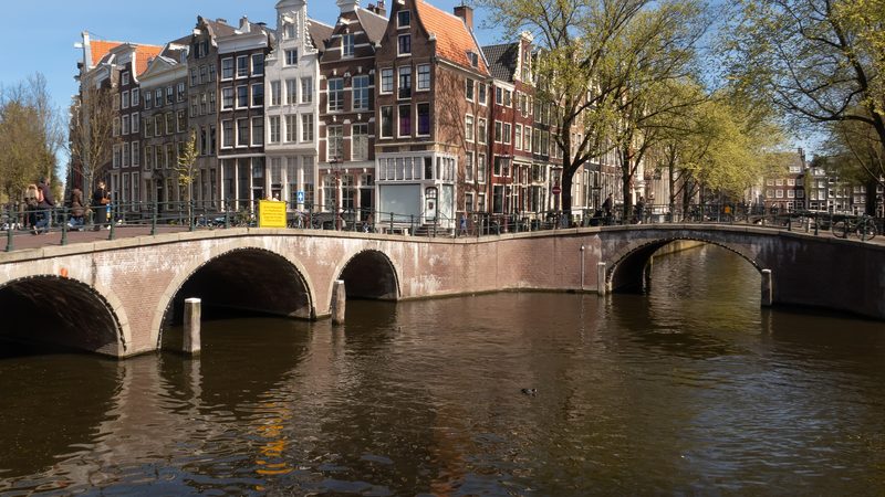 Arched brick bridges over the Keizersgracht at its corner with the Leidsegracht, lined with gabled 17th-century canal houses and spring trees, Amsterdam.