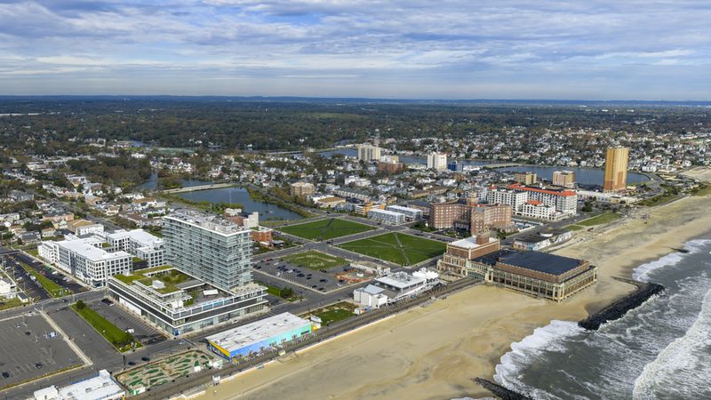 Aerial view of Asbury Park's beachfront and boardwalk, New Jersey.