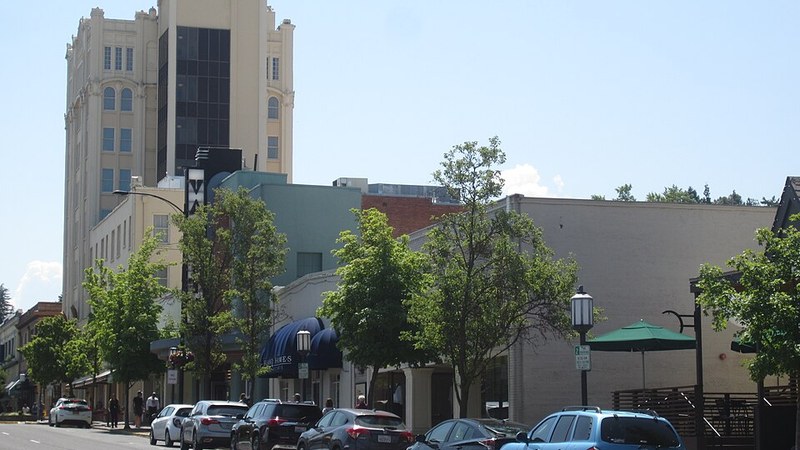 Downtown streetscape in Ashland, Oregon.