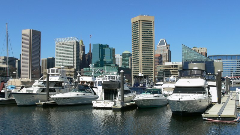 Baltimore Inner Harbor and downtown skyline from the southeast waterfront.