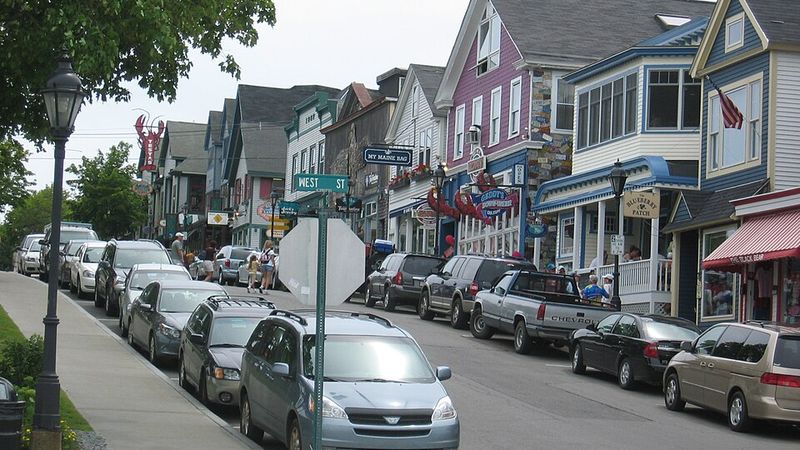 Colorful Main Street shops in Bar Harbor, Maine.