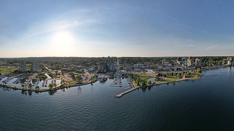 Panoramic view of the Barrie waterfront and marina in Ontario.