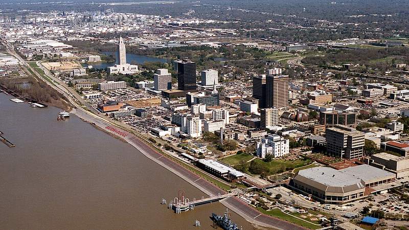 Aerial view of downtown Baton Rouge beside the Mississippi River in Louisiana.