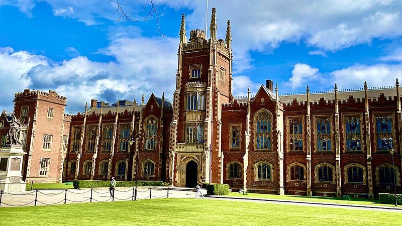 Queen's University Belfast and its lawn in Northern Ireland.