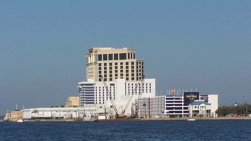 Biloxi waterfront casino buildings viewed from the water in Mississippi.