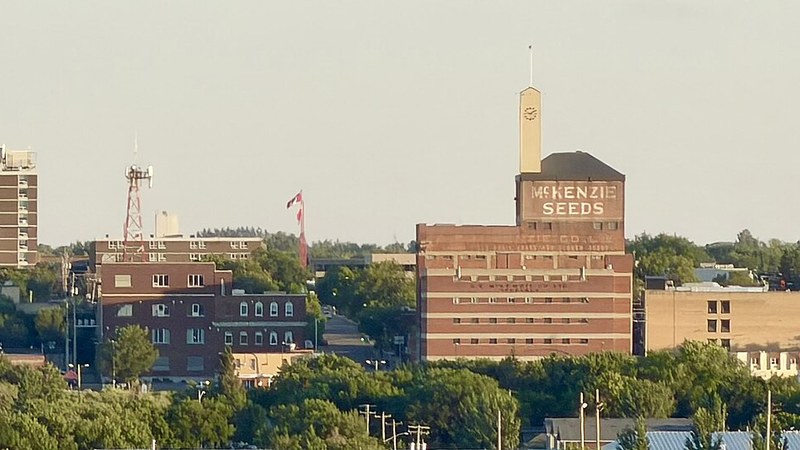 Downtown Brandon, Manitoba, with the McKenzie Seeds building rising above trees.