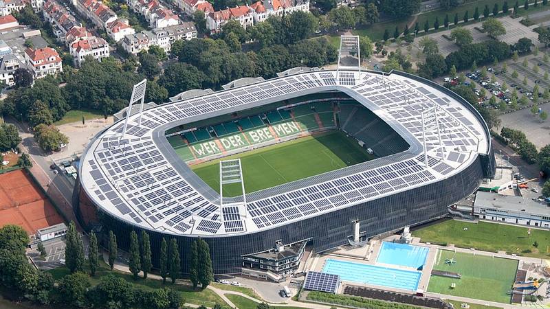 Aerial view of Bremen's Weserstadion beside the river, Germany.