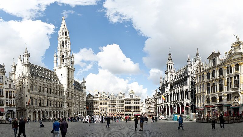 Historic guildhalls and town hall around Grand Place in Brussels, Belgium.