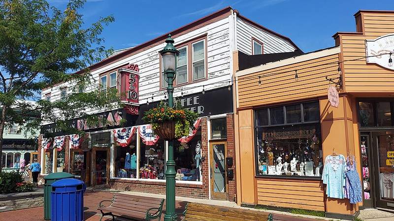 Colorful shops on a pedestrian street in Cape May, New Jersey.