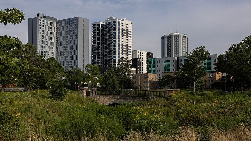 Campustown buildings and Scott Park in Champaign, Illinois.