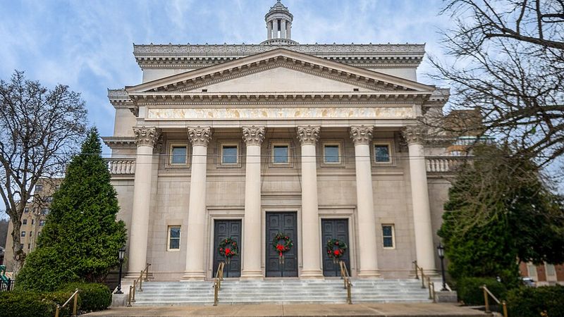 Historic columned church facade in Charleston, West Virginia