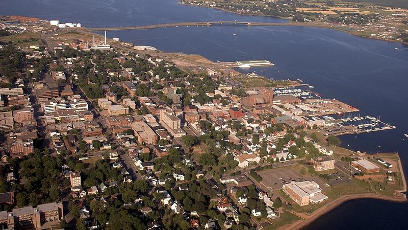 Aerial view of downtown Charlottetown and its waterfront, marinas and surrounding harbour.
