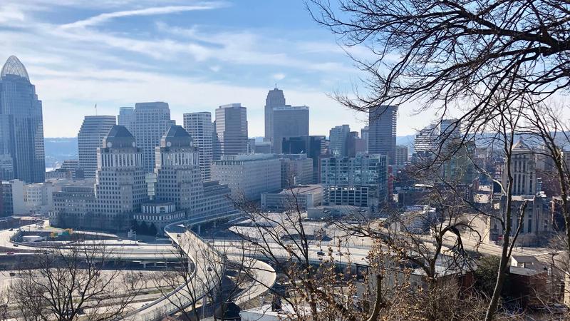 Downtown Cincinnati skyline and Ohio River from Mount Adams.