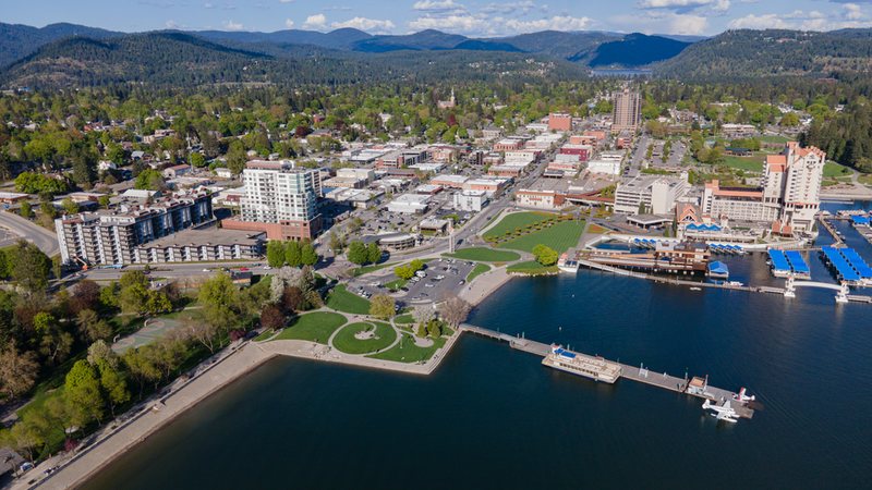 Aerial view of downtown Coeur d'Alene and its lakefront in Idaho.