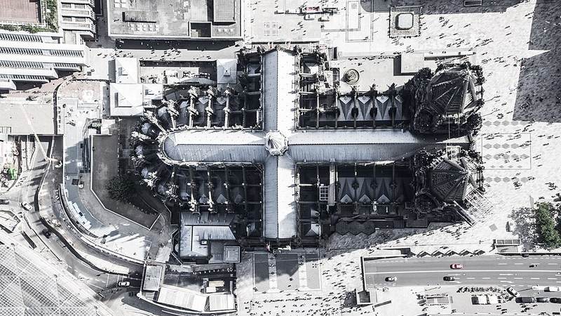 Overhead aerial view of Cologne Cathedral and the surrounding streets