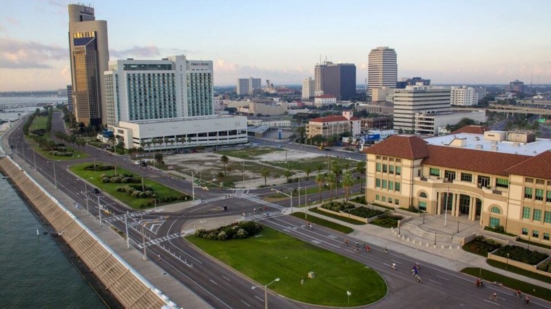 Downtown Corpus Christi, Texas, beside its waterfront boulevard.