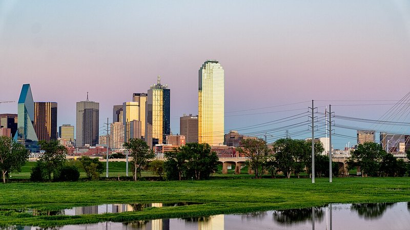 Dallas skyline viewed across the Trinity River from Trammell Crow Park.