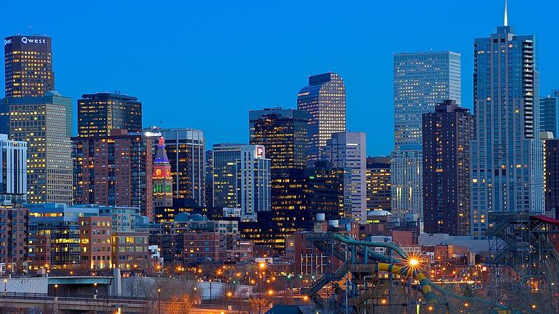 Denver skyline at sunset, looking east toward downtown.