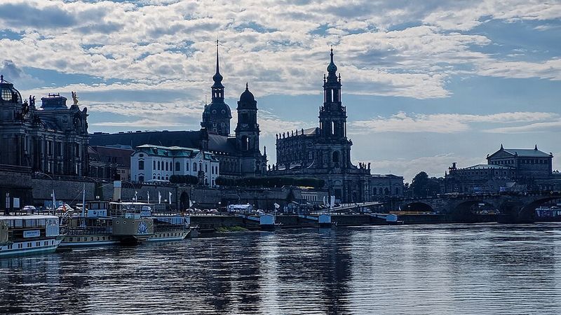 Dresden's historic waterfront skyline across the Elbe River, Germany.