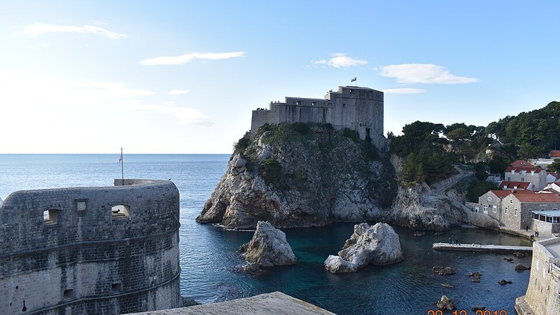 Fortress and coastal walls beside the sea in Dubrovnik, Croatia.