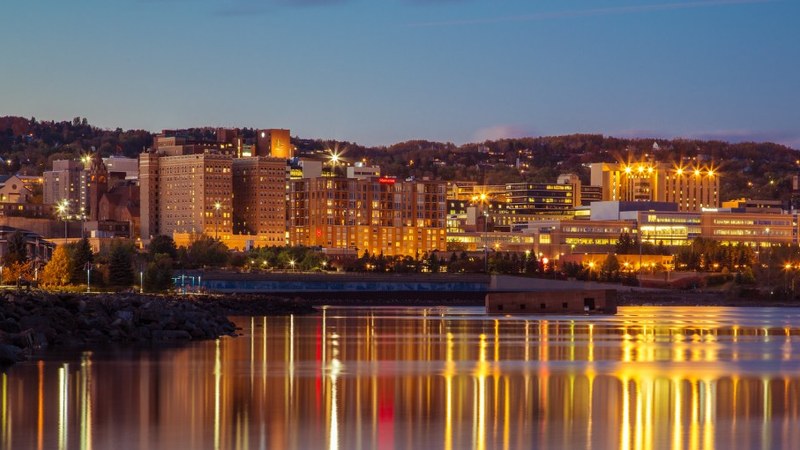 Duluth waterfront skyline and reflections at dusk, Minnesota.