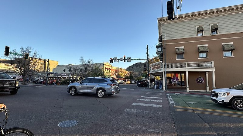 Downtown street intersection and historic buildings in Durango, Colorado.