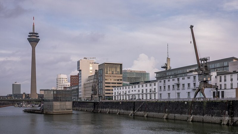 Düsseldorf harbor with the Rhine Tower and waterfront buildings, Germany.