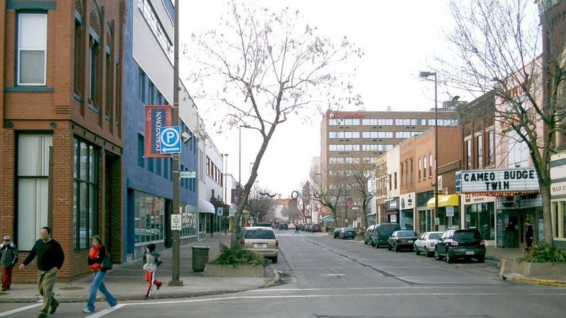 Barstow Street and downtown storefronts in Eau Claire, Wisconsin