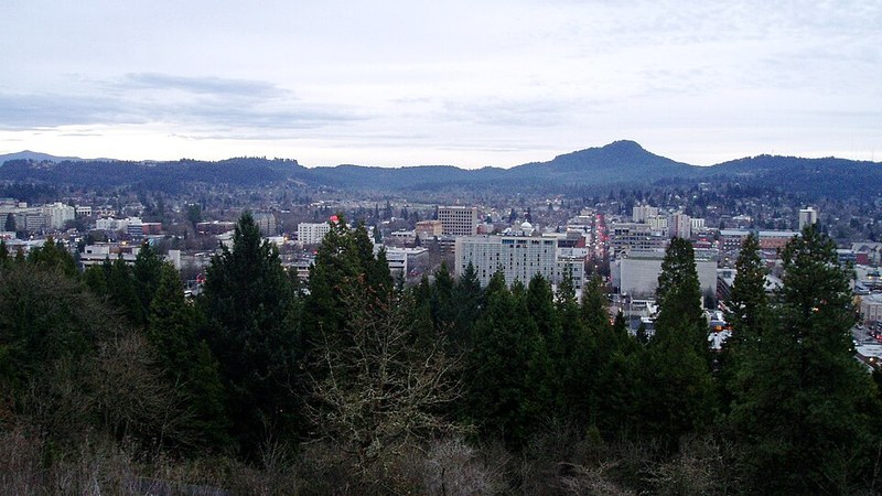 Downtown Eugene, Oregon, and Spencer Butte seen from Skinner Butte.