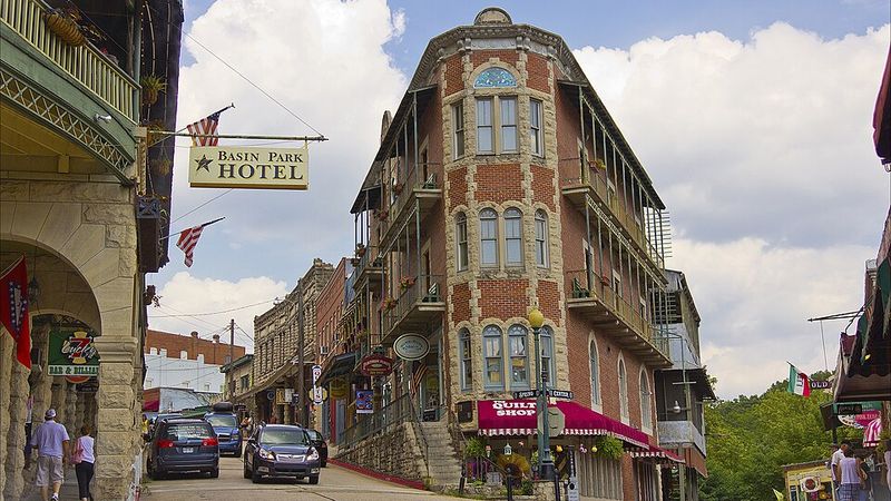 Historic brick buildings on a downtown street in Eureka Springs, Arkansas.