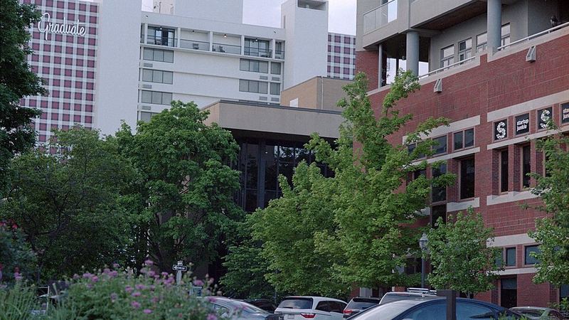 Trees and buildings around the square in Fayetteville, Arkansas.