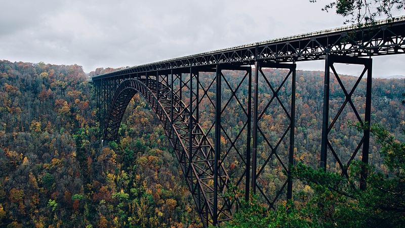 New River Gorge Bridge above autumn forest near Fayetteville, West Virginia