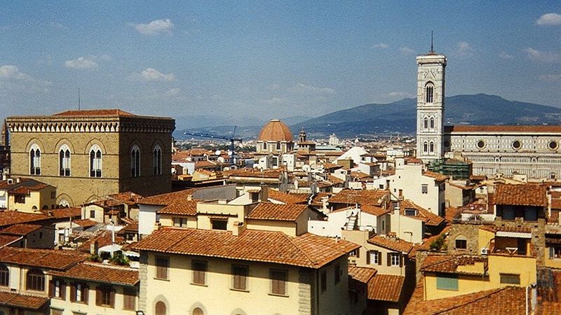 Historic rooftops and church towers in Florence, Italy.
