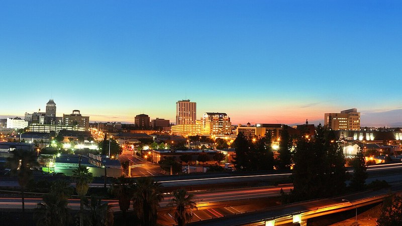Downtown Fresno, California, at sunset.