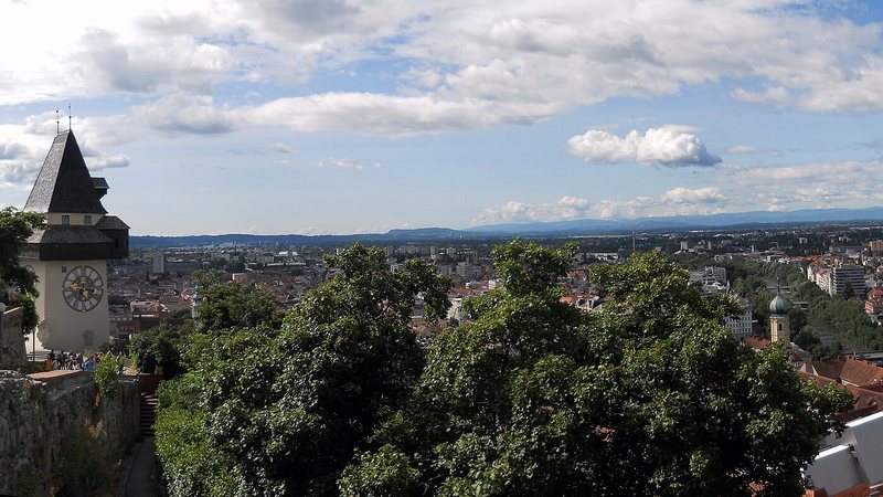 Graz old town and the clock tower viewed from Schlossberg