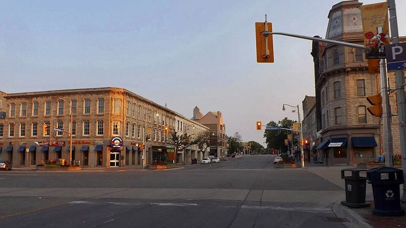 Morning light on historic buildings at Wyndham and Macdonell Streets in Guelph, Ontario.