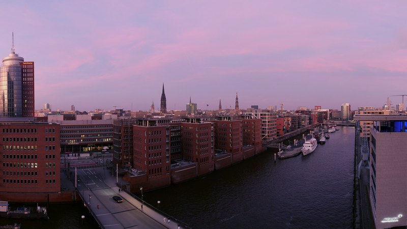 Hamburg skyline and the historic Speicherstadt warehouse district viewed from the Elbphilharmonie