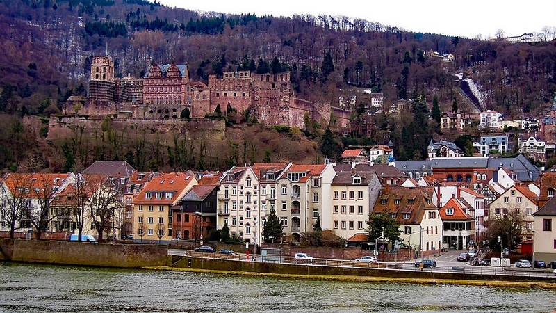 Heidelberg's riverside old town and castle on the hillside, Germany.