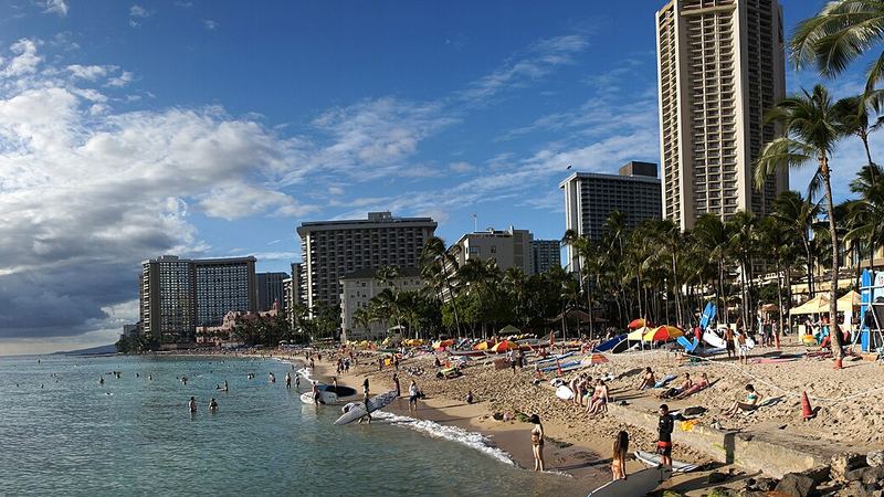 Waikiki Beach in Honolulu, with Diamond Head backdrop.