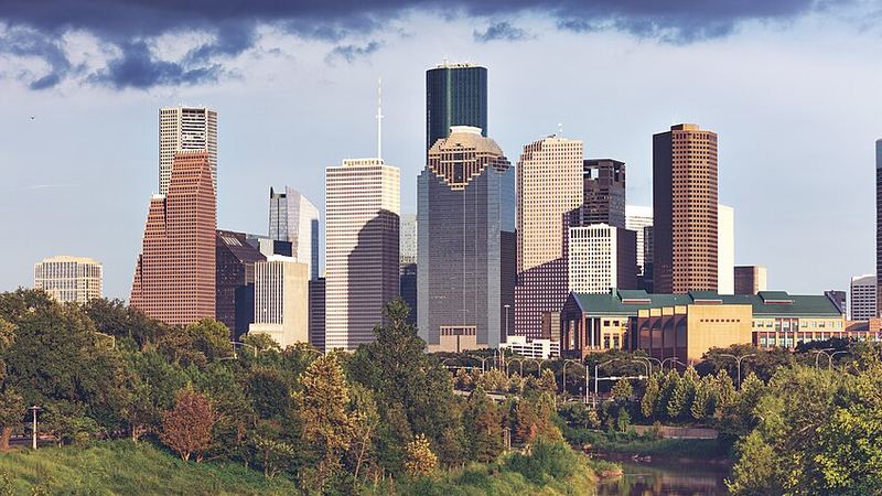 Downtown Houston skyline viewed from the west over Buffalo Bayou.