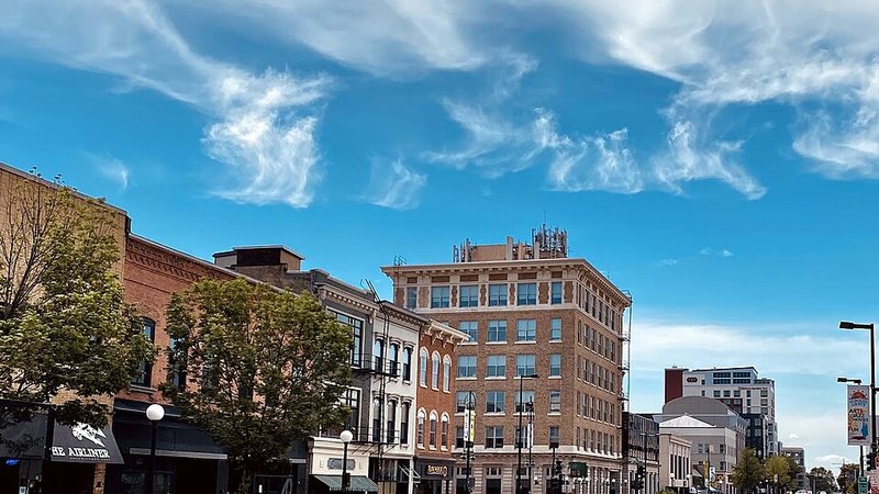 Downtown buildings along South Clinton Street in Iowa City, Iowa.