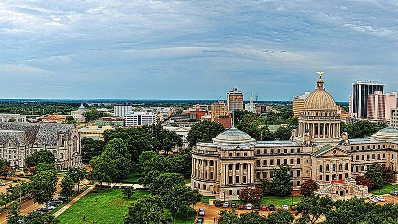 Mississippi State Capitol and downtown Jackson viewed from above.