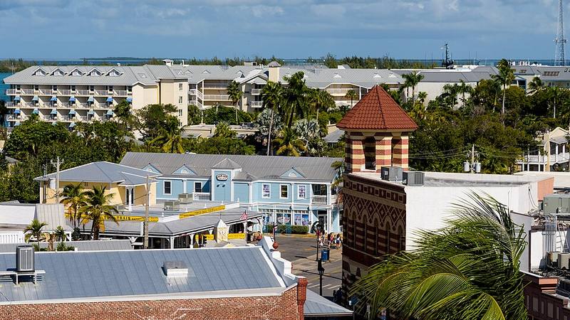 Buildings around Front and Duval Streets in Key West, Florida.