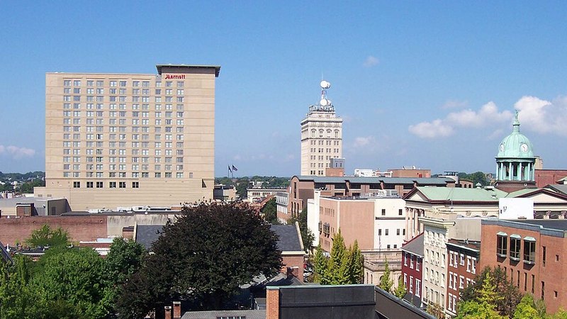 Downtown Lancaster, Pennsylvania, with its historic and modern buildings.