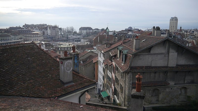 Historic rooftops and city streets in Lausanne, Switzerland.